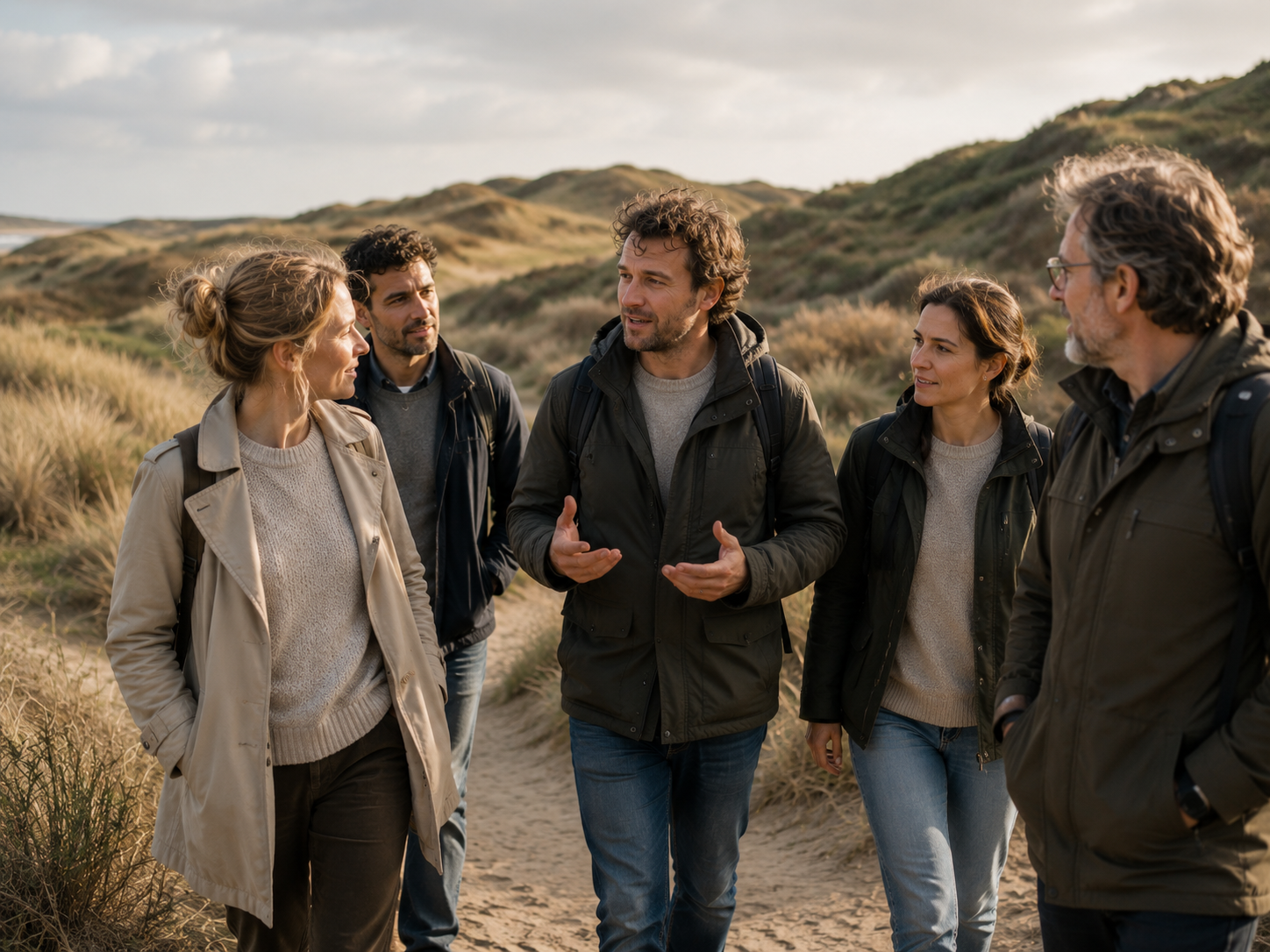 Team in gesprek tijdens een wandeling door de duinen
